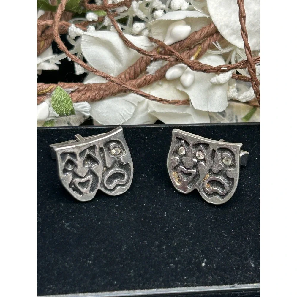 Vintage Swank Comedy Tragedy Mask‎ Cufflinks Silver Tone Rhinestone Theater